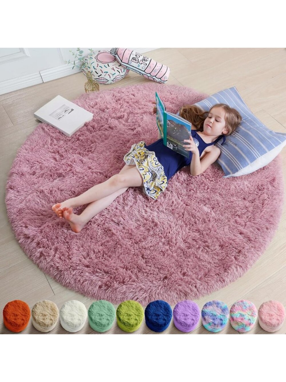〽️Mauve Pink Round Fluffy Rug 4Ft Girls Bedroom Kids Room Dorm Shag Plush Carpet